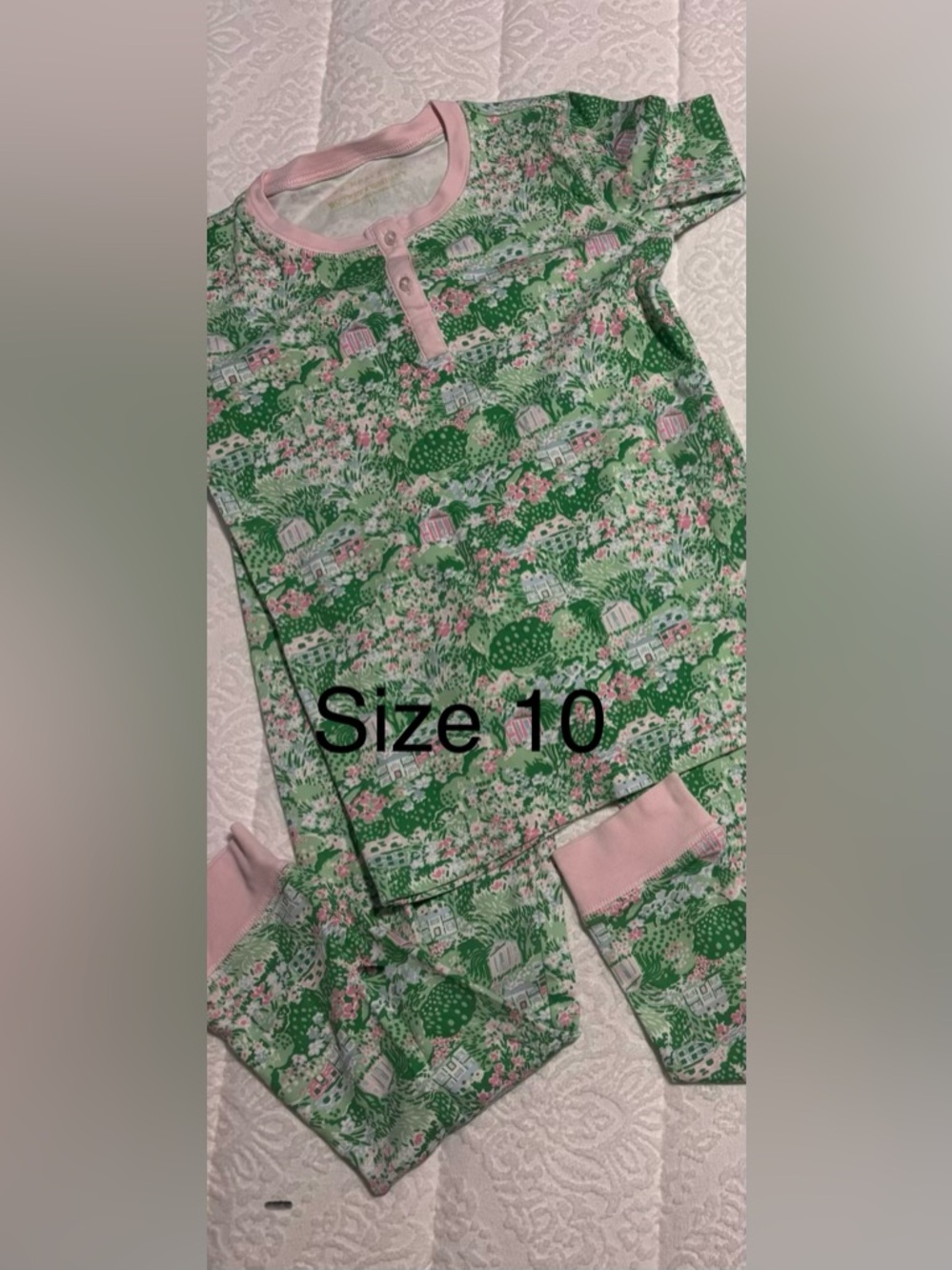 The Beaufort Bonnet Company Green Floral Kids Pajama Sets with Pink Trim